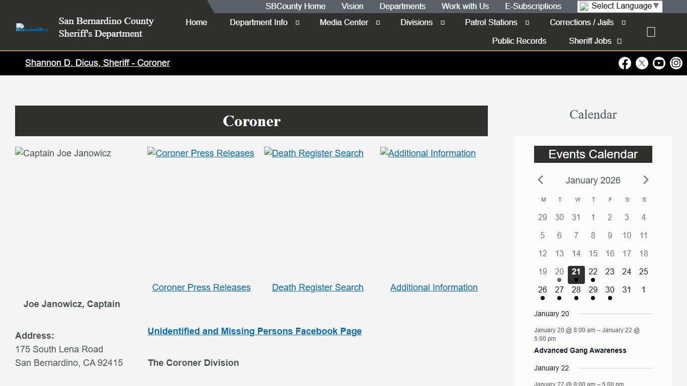 Coroner – San Bernardino County Sheriff's Department