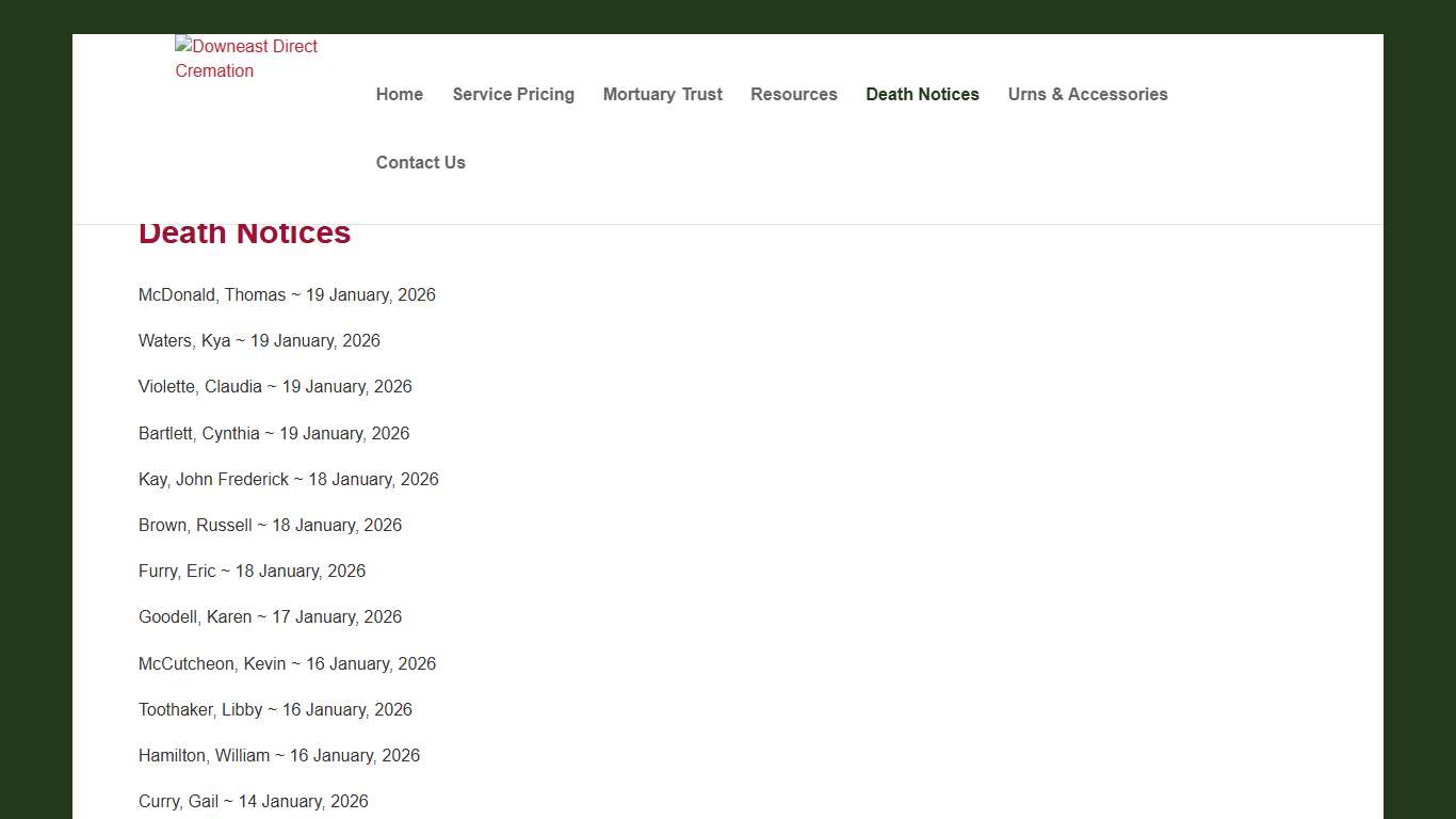 Death Notices | Downeast Direct Cremation